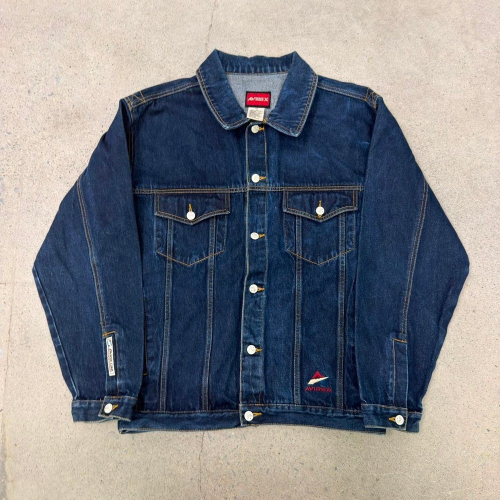 Vintage 90s AVIREX Denim Trucker Jacket Dark Wash Y2K (Size L)